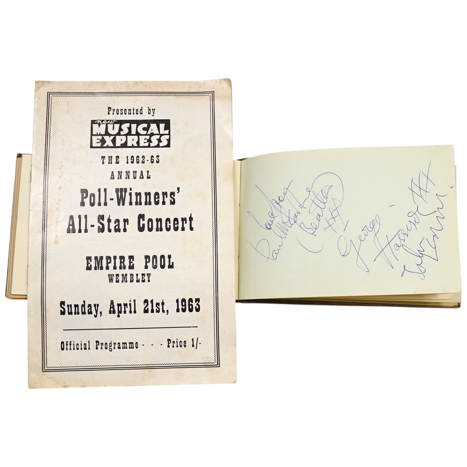 Beatles interest; a 1963 New Musical Express concert programme from the ‘Poll-Winners’ All-Star Concert, Empire Pool, Wembley on Sunday 21 April 1963, together with an autograph album containing various autographs of the